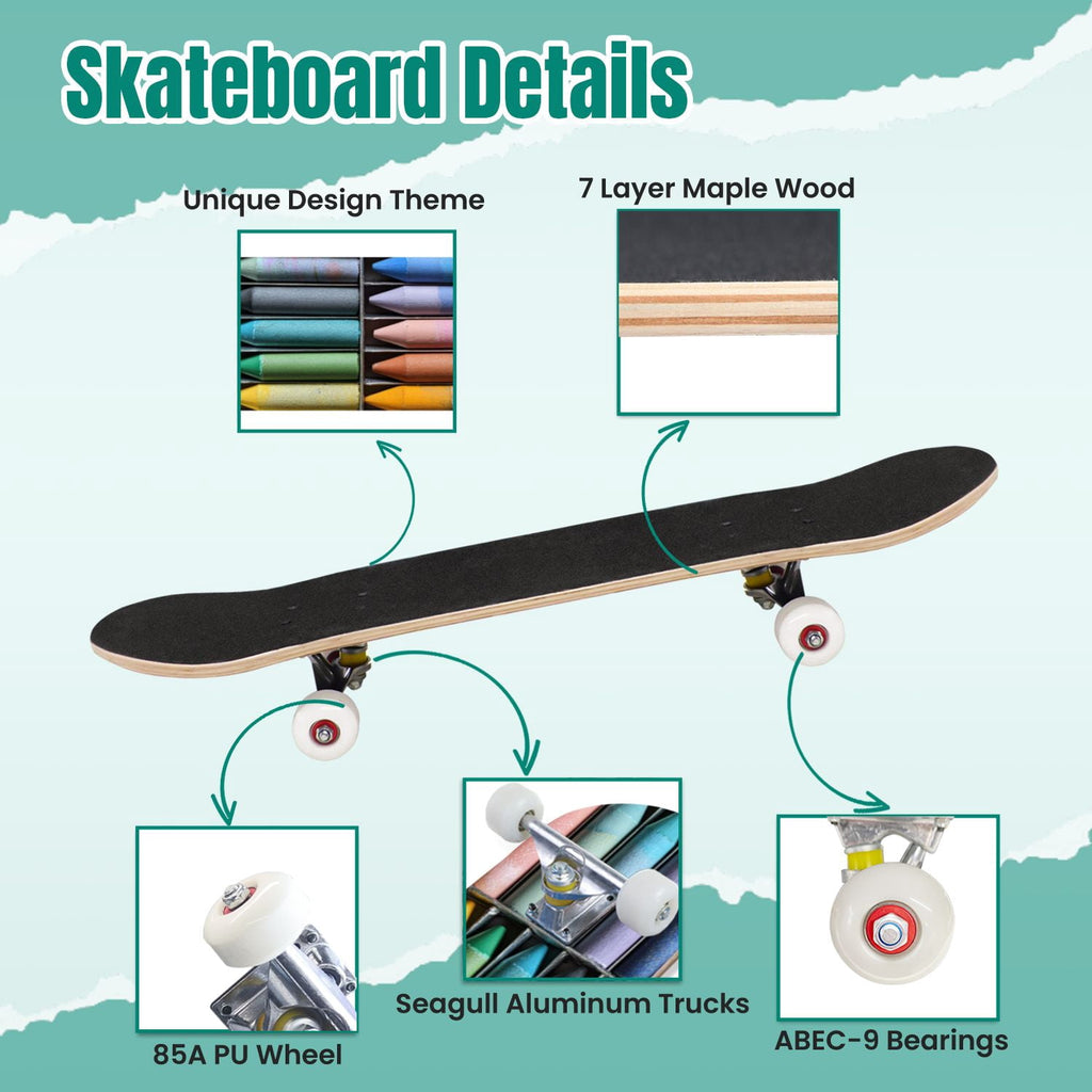 Vintage Damask Light Blue Brown Tones 31" x 8" Complete Skateboard, 7-Ply Canadian Maple Double Kick Trick Board for Kids and Beginners Adult Gifts