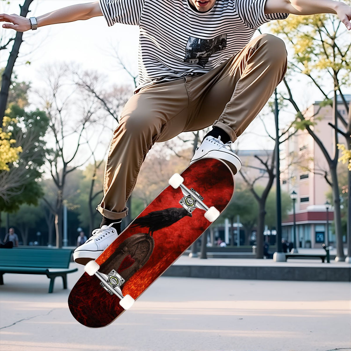 31"x8" Complete Skateboards for Beginners, Romantic Skeletons Blooming Roses Dark Academia Double Kick 7 Ply Canadian Maple Deck Skateboard with Wheels, Gifts for Kids Teens