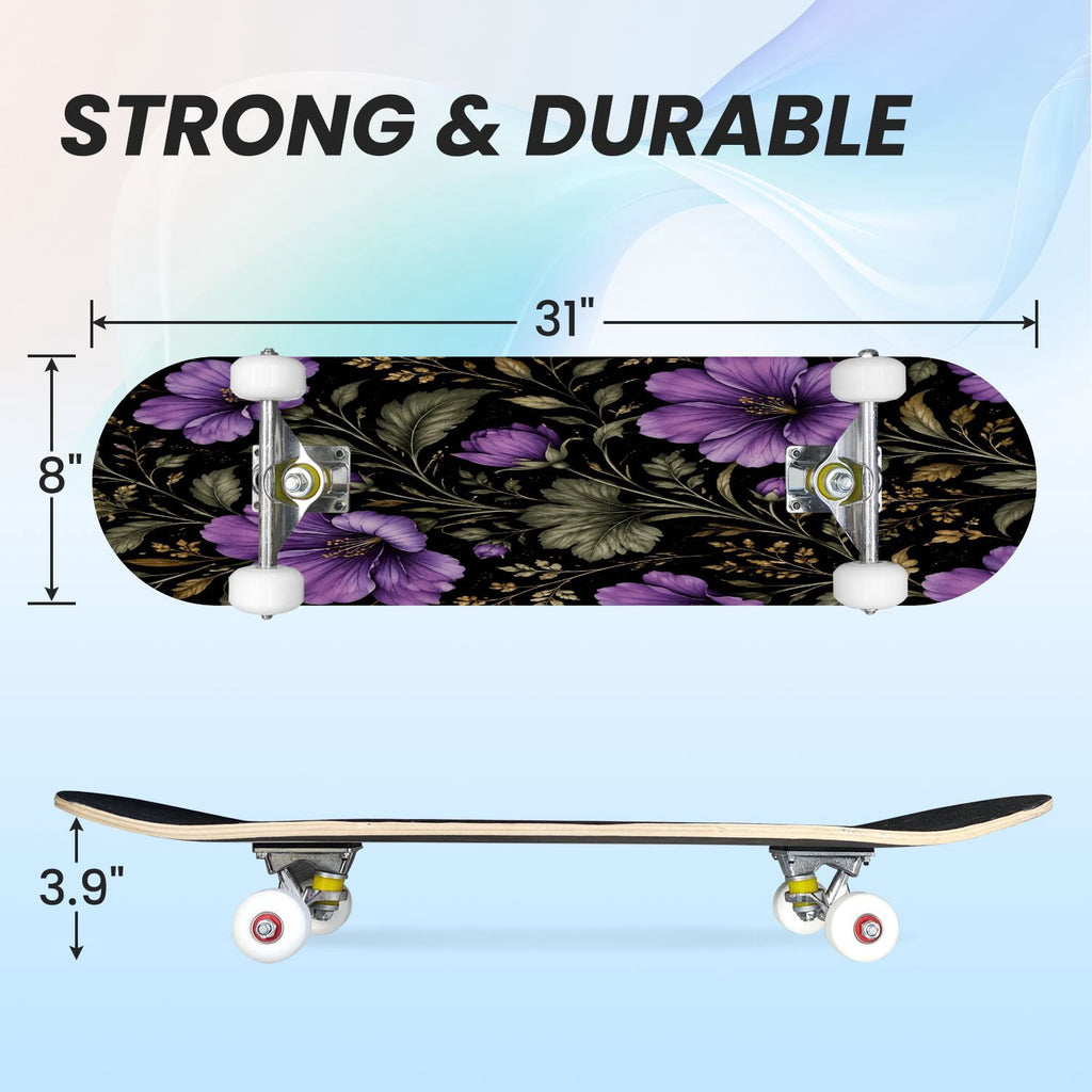 31"x8" Complete Skateboards for Beginners, Purple Celestial Moon Sun Art Floral Stars Double Kick 7 Ply Canadian Maple Deck Skateboard with Wheels, Gifts for Kids Teens