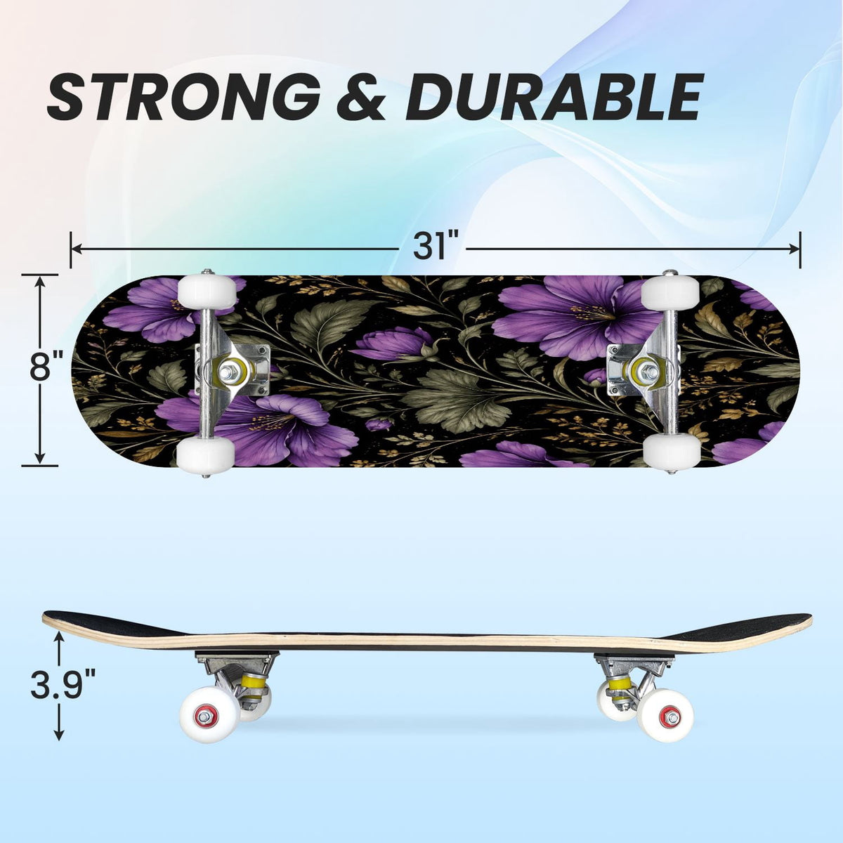 31"x8" Complete Skateboards for Beginners, Purple Celestial Moon Sun Art Floral Stars Double Kick 7 Ply Canadian Maple Deck Skateboard with Wheels, Gifts for Kids Teens