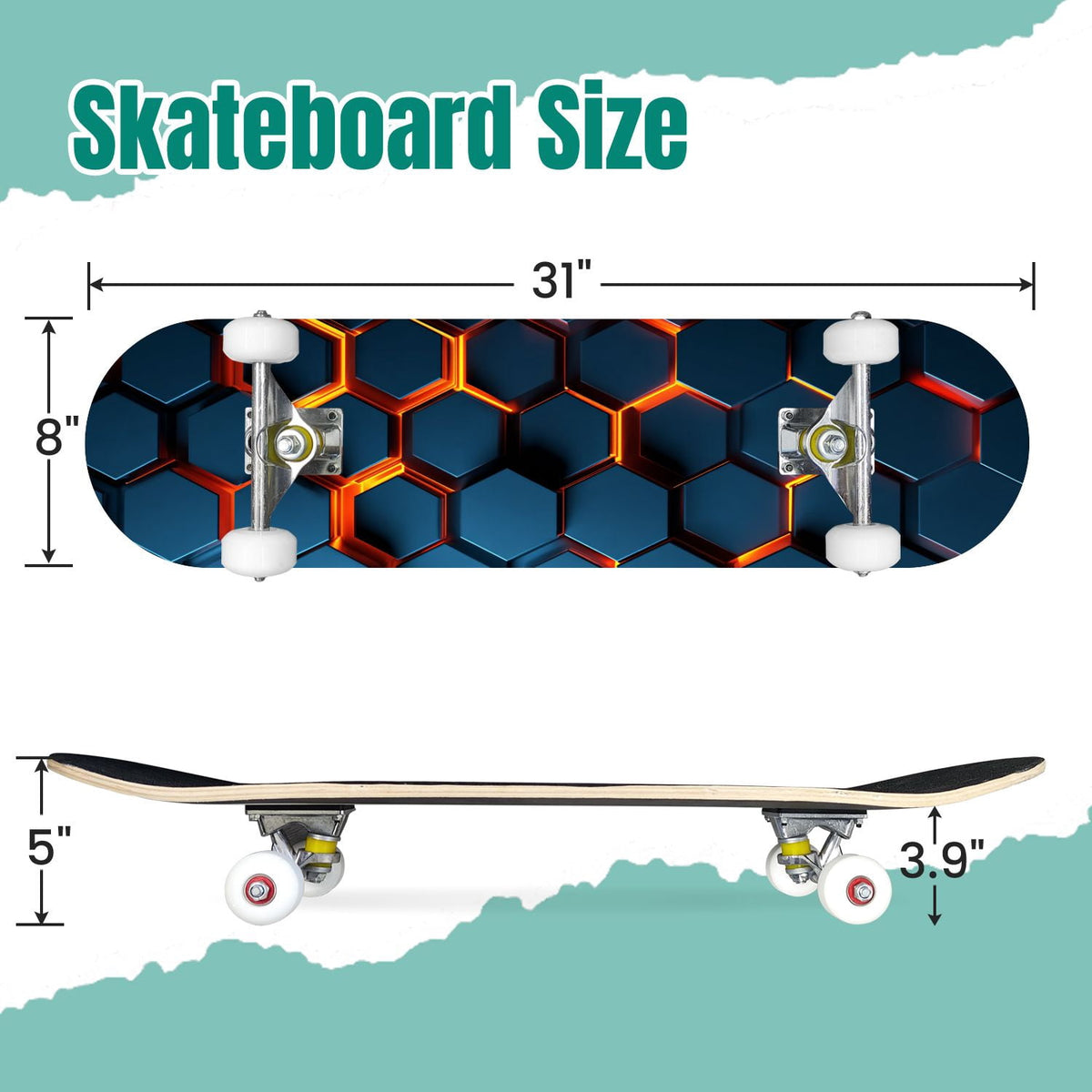 Futuristic Hexagonal Metallic Blue Glowing Orange Highlights 31" x 8" Complete Skateboard, 7-Ply Canadian Maple Double Kick Trick Board for Kids and Beginners Adult Gifts