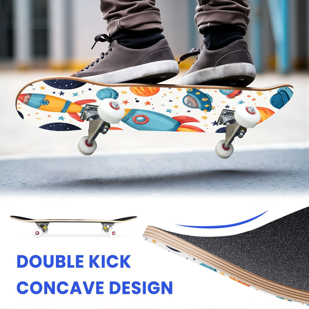 31"x8" Complete Skateboards for Beginners,Cartoon Hand Drawn Ice Cream Doodles Seamless Cones Cupcakes Double Kick 7 Ply Canadian Maple Deck Skateboard with Wheels, Gifts for Kids Teens