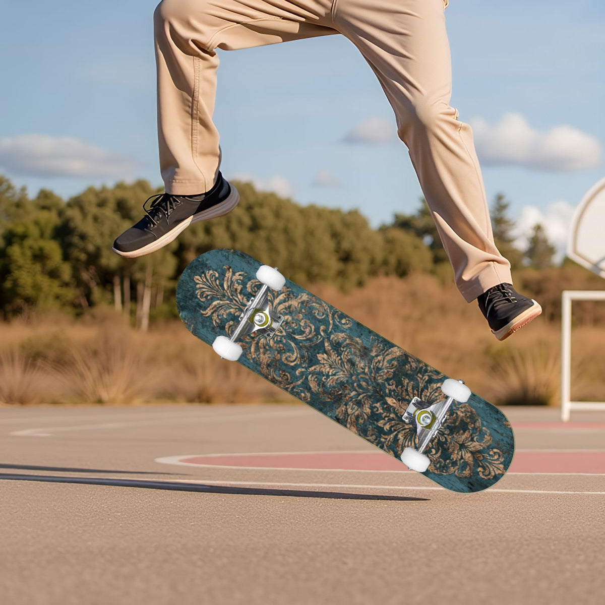Vintage Damask Light Blue Brown Tones 31" x 8" Complete Skateboard, 7-Ply Canadian Maple Double Kick Trick Board for Kids and Beginners Adult Gifts