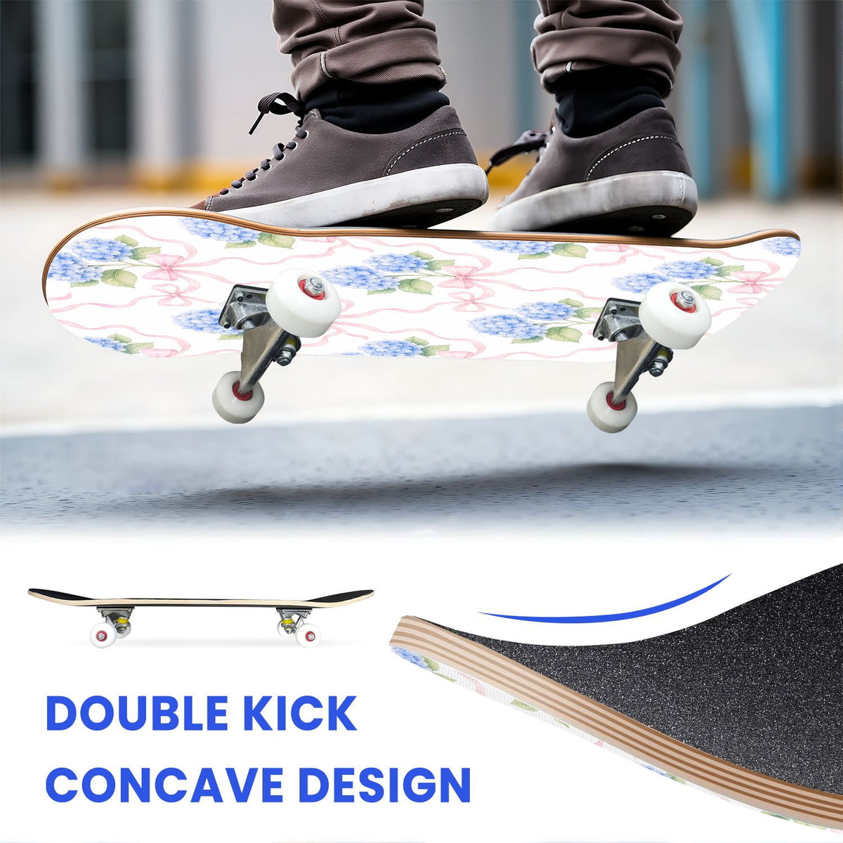 31"x8" Complete Skateboards for Beginners,Elegant White Blue Flowers Soft Petals Dreamy Artistic Double Kick 7 Ply Canadian Maple Deck Skateboard with Wheels, Gifts for Kids Teens
