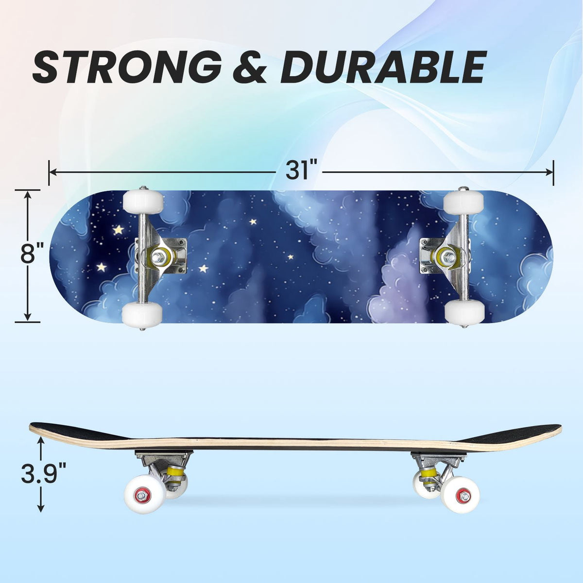 31"x8" Complete Skateboards for Beginners, Pastel Sky Fluffy Clouds Pink Purple Blue Summer Decor Double Kick 7 Ply Canadian Maple Deck Skateboard with Wheels, Gifts for Kids Teens