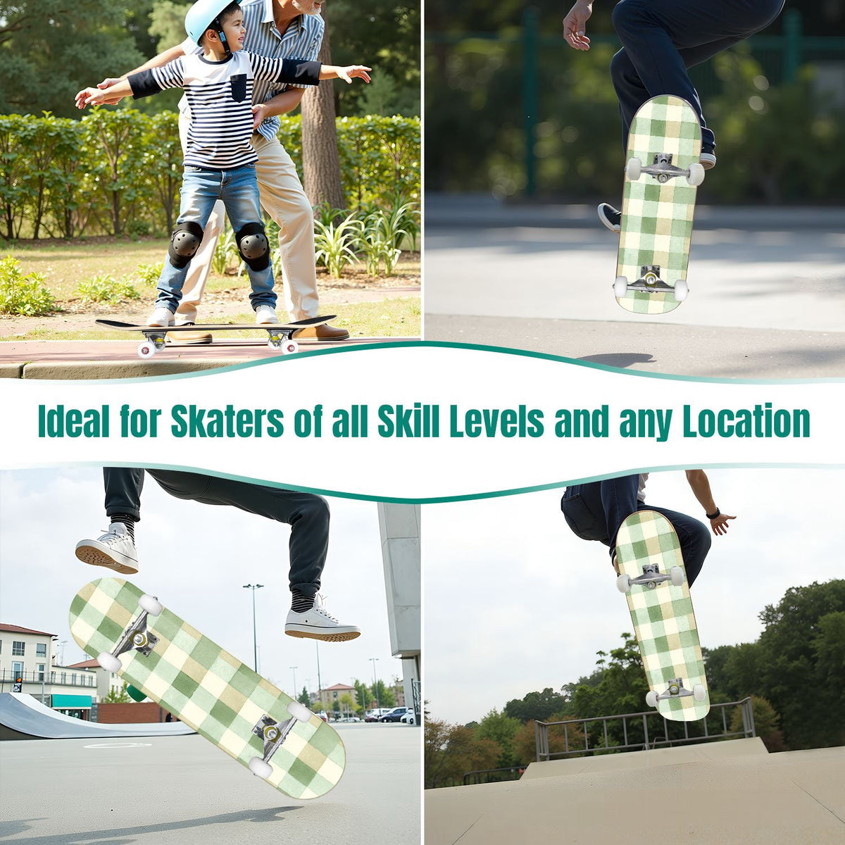 31"x8" Complete Skateboards for Beginners,Green White Plaid Checkered Watercolor Double Kick 7 Ply Canadian Maple Deck Skateboard with Wheels, Gifts for Kids Teens