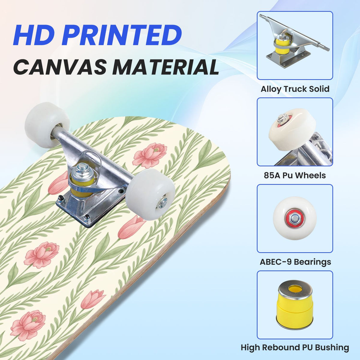 31"x8" Complete Skateboards for Beginners, Pink Floral Ribbon Roses Bows White Double Kick 7 Ply Canadian Maple Deck Skateboard with Wheels, Gifts for Girls Teens