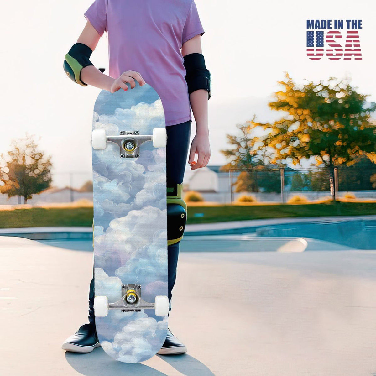 31"x8" Complete Skateboards for Beginners, Cute Light Blue Sky Cartoon Summer Decor Double Kick 7 Ply Canadian Maple Deck Skateboard with Wheels, Gifts for Kids Teens