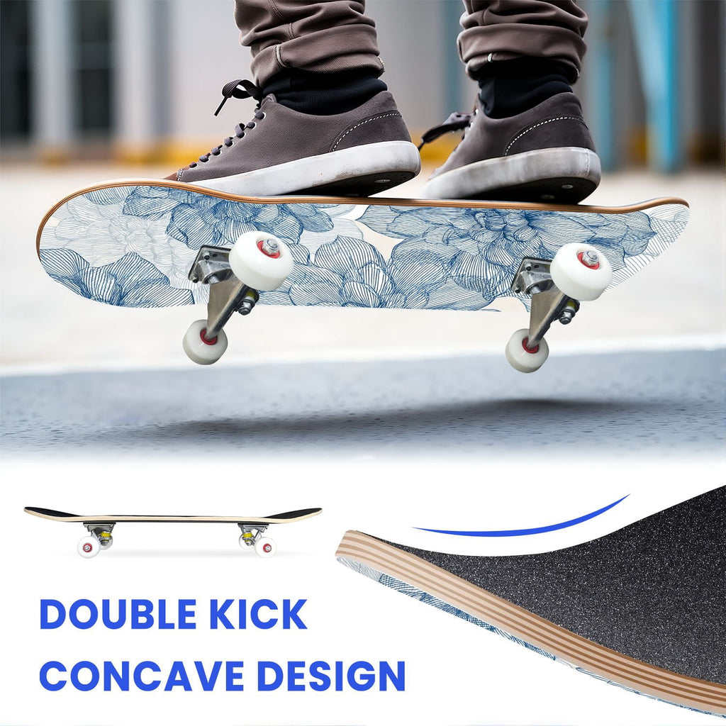 31"x8" Complete Skateboards for Beginners, Elegant Floral Pink Roses Blue Butterflies Double Kick 7 Ply Canadian Maple Deck Skateboard with Wheels, Gifts for Kids Teens