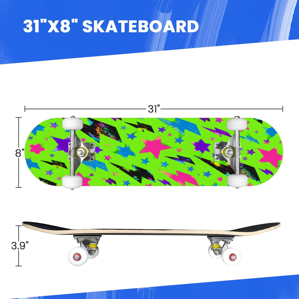 Complete Skateboard Vibrant Comic Eye 31 Inch 7-Ply Maple Skateboard with PU Wheels and Aluminum Trucks, Ready-to-Ride Skateboard for Beginners, Teens and Adults