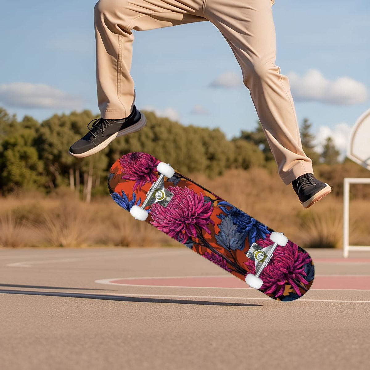 Vibrant Chrysanthemum Floral Bold Pink Purple Blooms 31" x 8" Complete Skateboard, 7-Ply Canadian Maple Double Kick Trick Board for Kids and Beginners Adult Gifts
