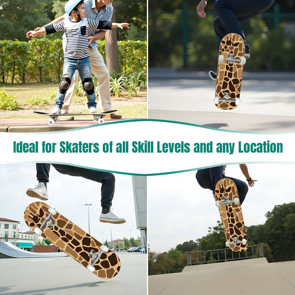 31"x8" Complete Skateboards for Beginners,Leopard Print Black Brown Beige Double Kick 7 Ply Canadian Maple Deck Skateboard with Wheels, Gifts for Kids Teens