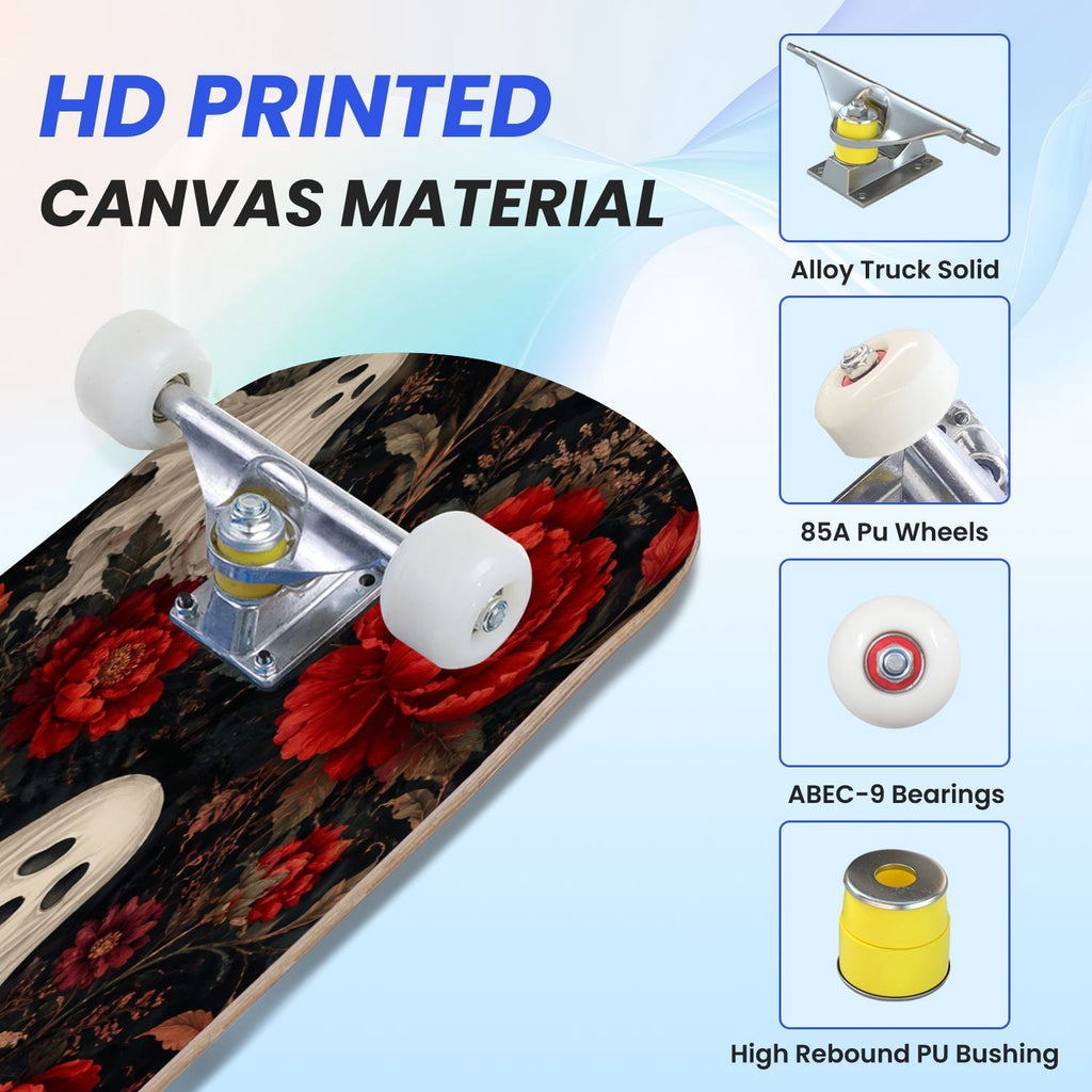 31"x8" Complete Skateboards for Beginners,Vintage Botanical Moth Autumn Leaves Mushrooms Double Kick 7 Ply Canadian Maple Deck Skateboard with Wheels, Gifts for Kids Teens