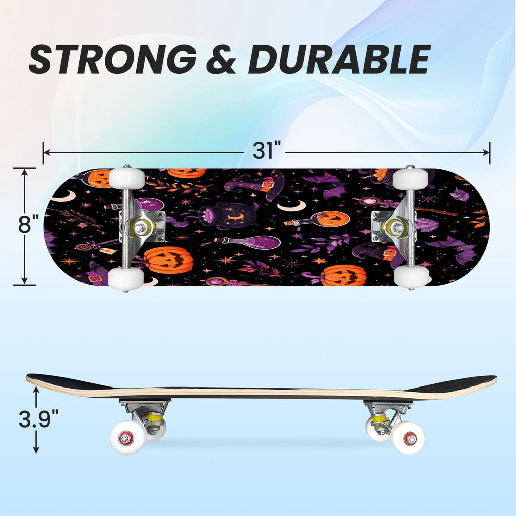31"x8" Complete Skateboards for Beginners,Vintage Botanical Moth Autumn Leaves Mushrooms Double Kick 7 Ply Canadian Maple Deck Skateboard with Wheels, Gifts for Kids Teens