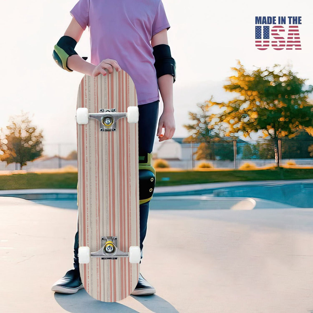 31"x8" Complete Skateboards for Beginners,Pastel Pink Vertical Stripe Minimalist Soft Design Double Kick 7 Ply Canadian Maple Deck Skateboard with Wheels, Gifts for Kids Teens