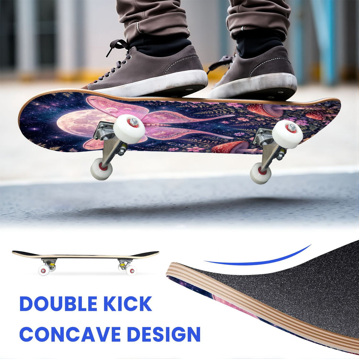 31"x8" Complete Skateboards for Beginners, Glowing Bioluminescent Mushrooms Mystical Forest Double Kick 7 Ply Canadian Maple Deck Skateboard with Wheels, Gifts for Kids Teens