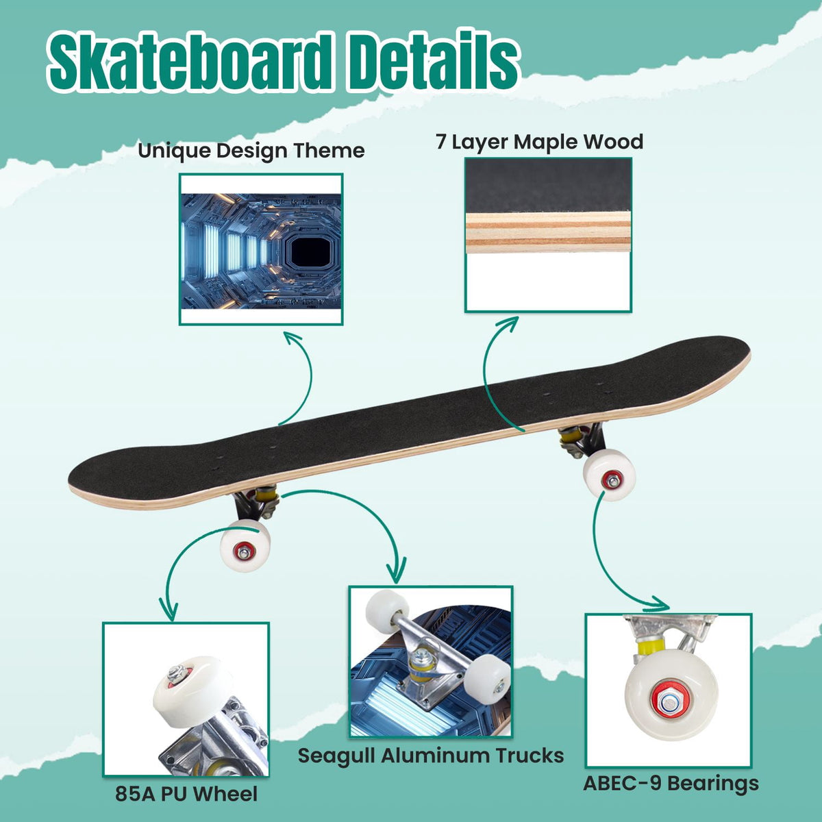Futuristic Glowing Orange Neon Lines Dark Metallic Panels 31" x 8" Complete Skateboard, 7-Ply Canadian Maple Double Kick Trick Board for Kids and Beginners Adult Gifts