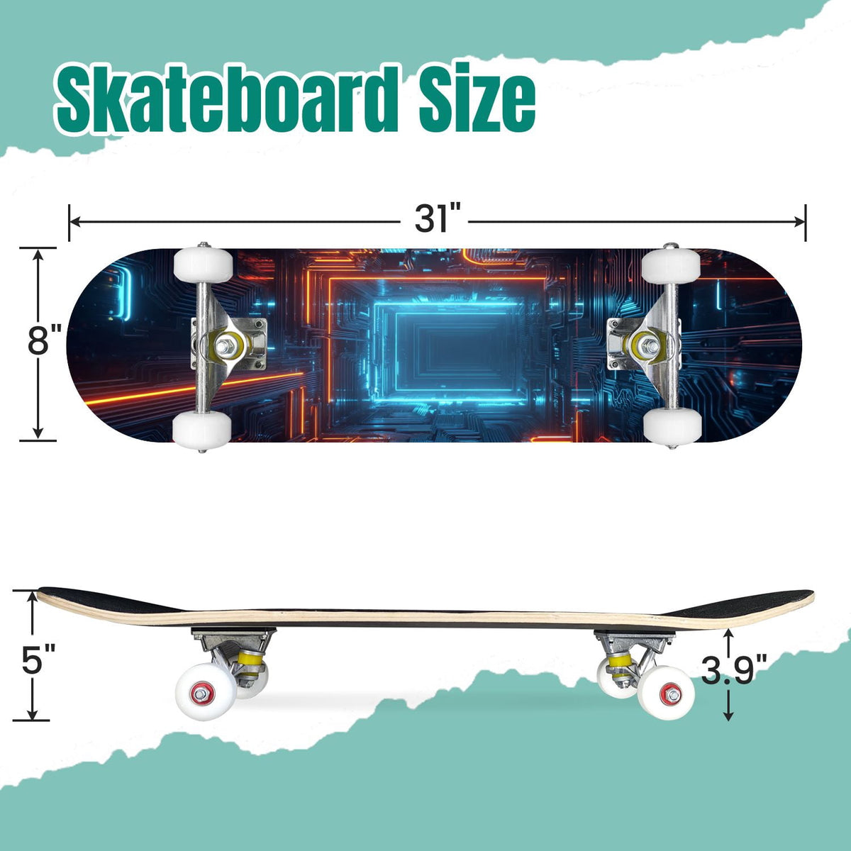Futuristic Glowing Orange Neon Lines Dark Metallic Panels 31" x 8" Complete Skateboard, 7-Ply Canadian Maple Double Kick Trick Board for Kids and Beginners Adult Gifts