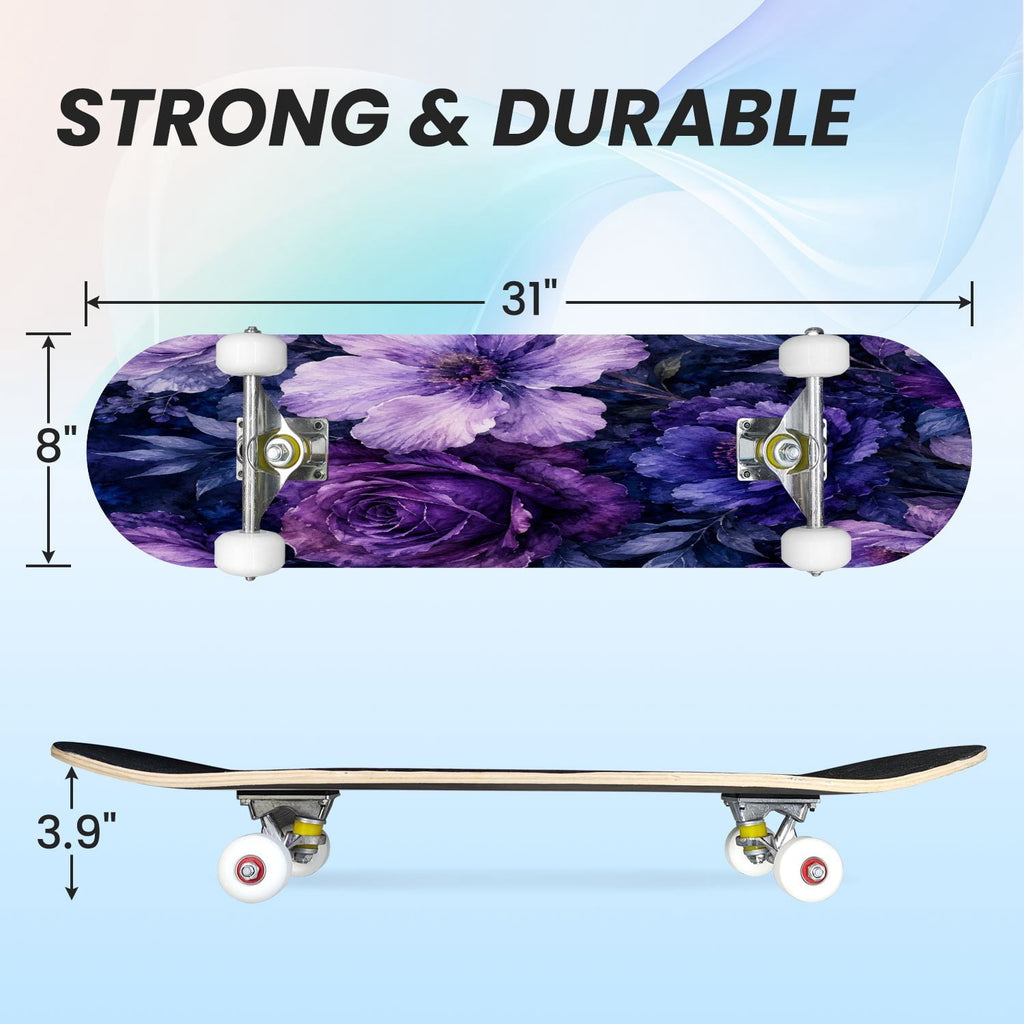 31"x8" Complete Skateboards for Beginners, Purple White Cosmos Flowers Butterflies Watercolor Double Kick 7 Ply Canadian Maple Deck Skateboard with Wheels, Gifts for Kids Teens