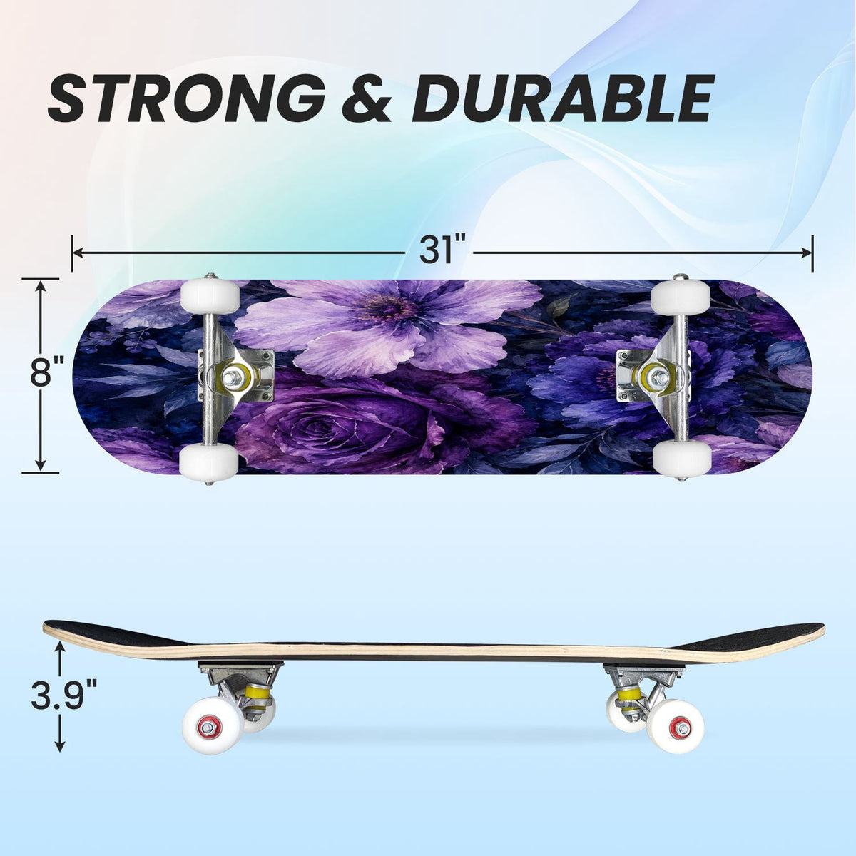 31"x8" Complete Skateboards for Beginners, Purple White Cosmos Flowers Butterflies Watercolor Double Kick 7 Ply Canadian Maple Deck Skateboard with Wheels, Gifts for Kids Teens