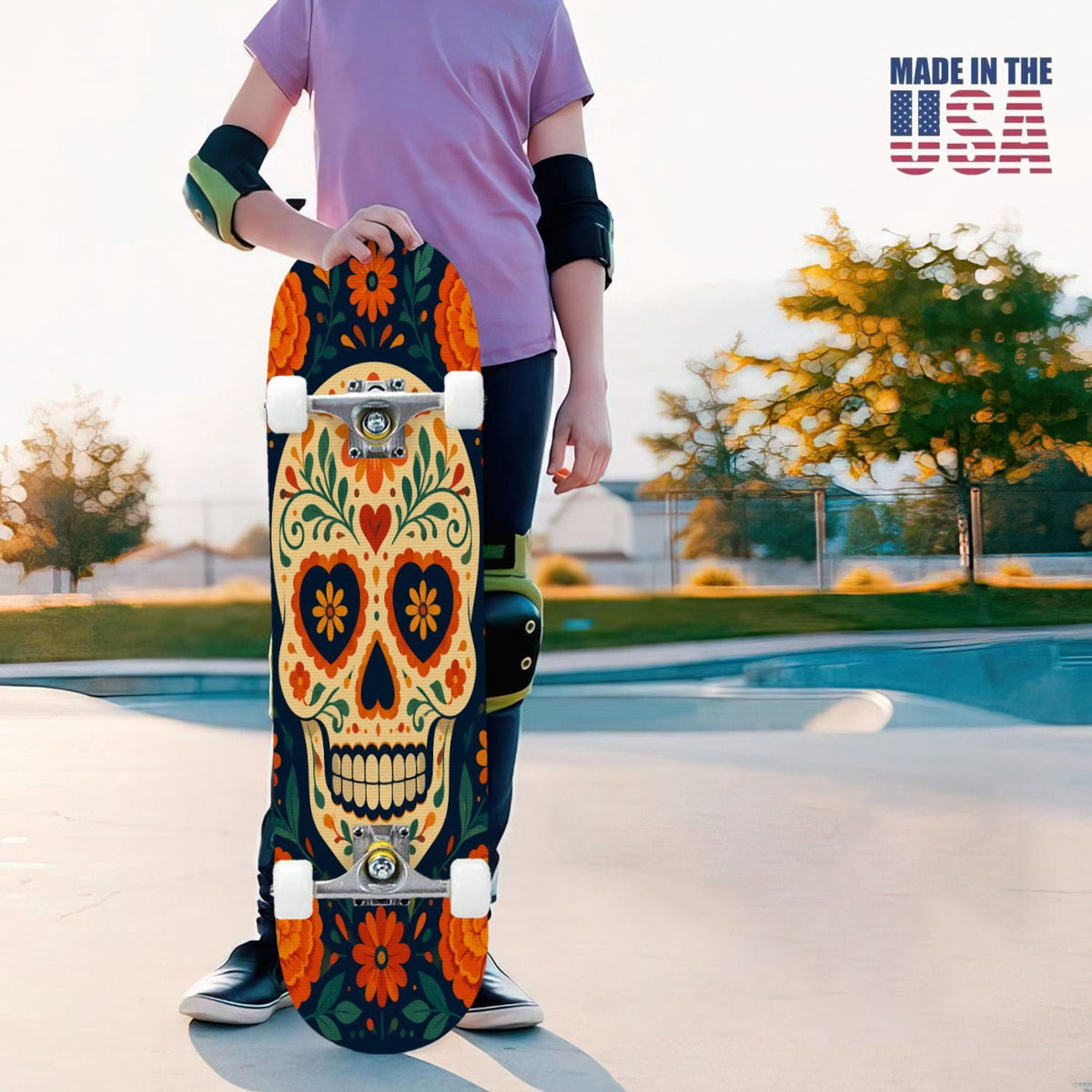 31"x8" Complete Skateboards for Beginners, Colorful Sugar Skull Vibrant Floral Day of the Dead Double Kick 7 Ply Canadian Maple Deck Skateboard with Wheels, Gifts for Kids Teens