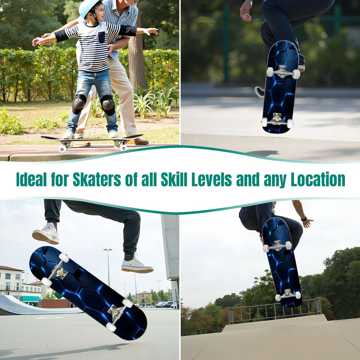 31"x8" Complete Skateboards for Beginners, Modern Abstract Hexagonal Blue Neon Glow Futuristic Double Kick 7 Ply Canadian Maple Deck Skateboard with Wheels, Gifts for Boys Teens