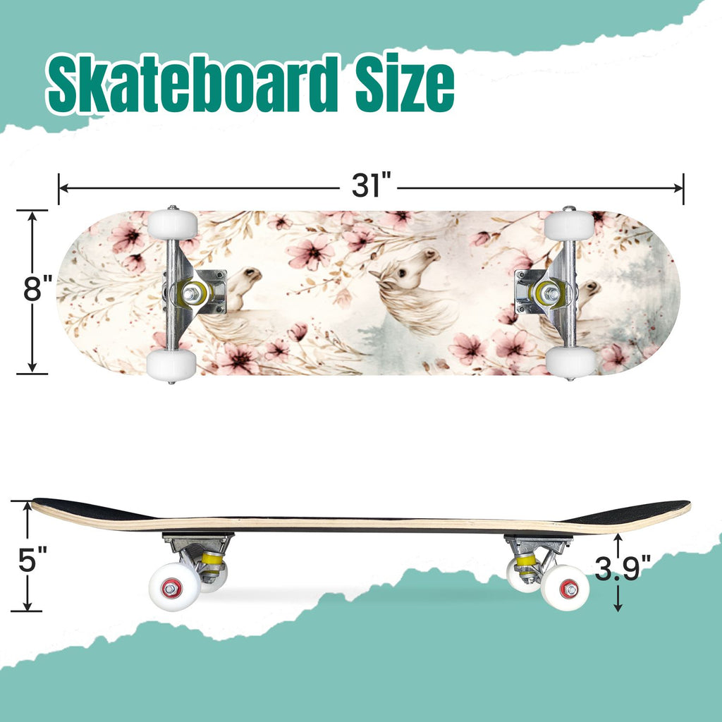 Botanical Floral Peonies Hummingbirds 31" x 8" Complete Skateboard, 7-Ply Canadian Maple Double Kick Trick Board for Kids and Beginners Adult Gifts