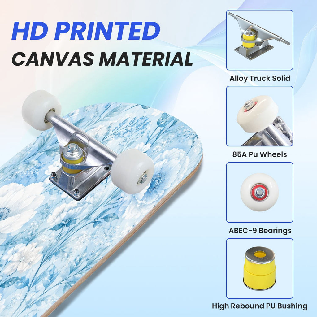 31"x8" Complete Skateboards for Beginners,Blue White Vintage Floral Roses Ornate Swirls Double Kick 7 Ply Canadian Maple Deck Skateboard with Wheels, Gifts for Kids Teens