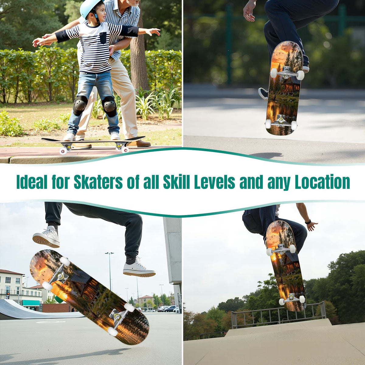 Modern Botanical Watercolor Pink Gold Mint Navy Leaves 31" x 8" Complete Skateboard, 7-Ply Canadian Maple Double Kick Trick Board for Kids and Beginners Adult Gifts