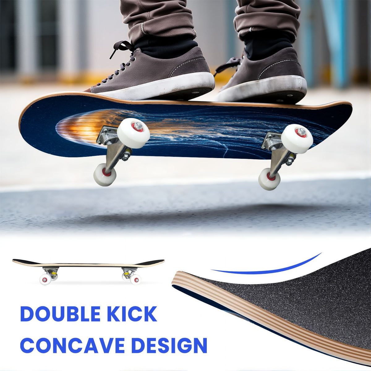 31"x8" Complete Skateboards for Beginners, Seashell Starfish Blue White Nautical Marine Life Double Kick 7 Ply Canadian Maple Deck Skateboard with Wheels, Gifts for Kids Teens