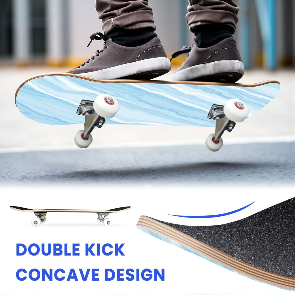 31"x8" Complete Skateboards for Beginners, Abstract Black Hexagon Honeycomb Glowing Blue Neon Geometric Double Kick 7 Ply Canadian Maple Deck Skateboard with Wheels, Gifts for Kids Teens