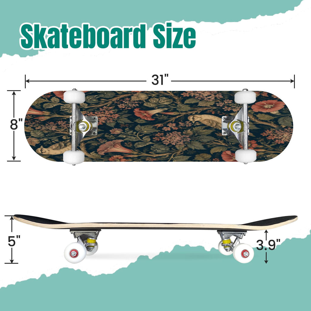 Rose Teal Rose Painting Turquoise Blue Flower Kitchen Decor 31" x 8" Complete Skateboard, 7-Ply Canadian Maple Double Kick Trick Board for Kids and Beginners Adult Gifts