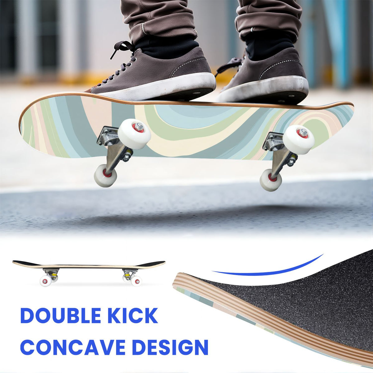 31"x8" Complete Skateboards for Beginners, Abstract Pastel Swirl Soft Earthy Tones Double Kick 7 Ply Canadian Maple Deck Skateboard with Wheels, Gifts for Kids Teens