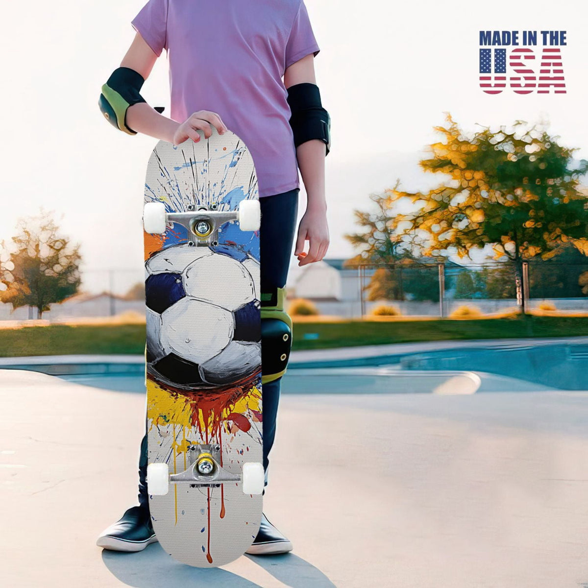 31"x8" Complete Skateboards for Beginners,Abstract Soccer Ball Vibrant Paint Splashes Drips Double Kick 7 Ply Canadian Maple Deck Skateboard with Wheels, Sports Gifts for Kids Teens