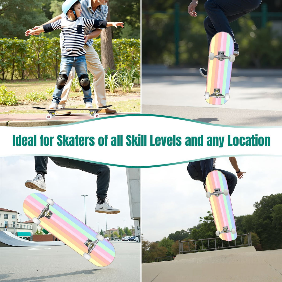 31"x8" Complete Skateboards for Beginners,Watercolor Watermelon Slices Pink Striped Double Kick 7 Ply Canadian Maple Deck Skateboard with Wheels, Gifts for Kids Teens