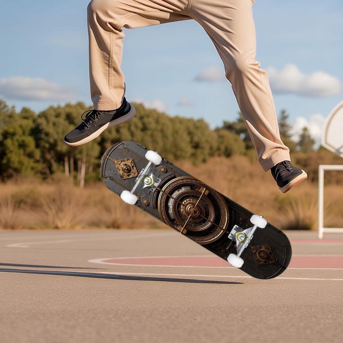Futuristic Glowing Orange Neon Lines Dark Metallic Panels 31" x 8" Complete Skateboard, 7-Ply Canadian Maple Double Kick Trick Board for Kids and Beginners Adult Gifts