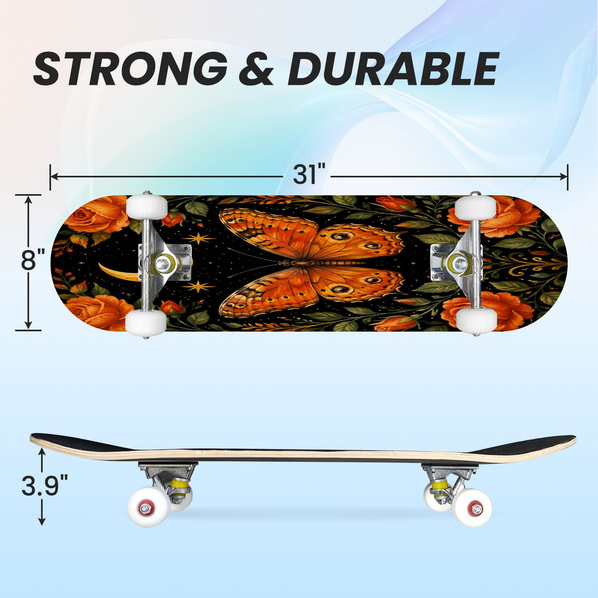 31"x8" Complete Skateboards for Beginners, Mystical Purple Butterfly Glowing Mushrooms Under Full Moon Double Kick 7 Ply Canadian Maple Deck Skateboard with Wheels, Gifts for Kids Teens