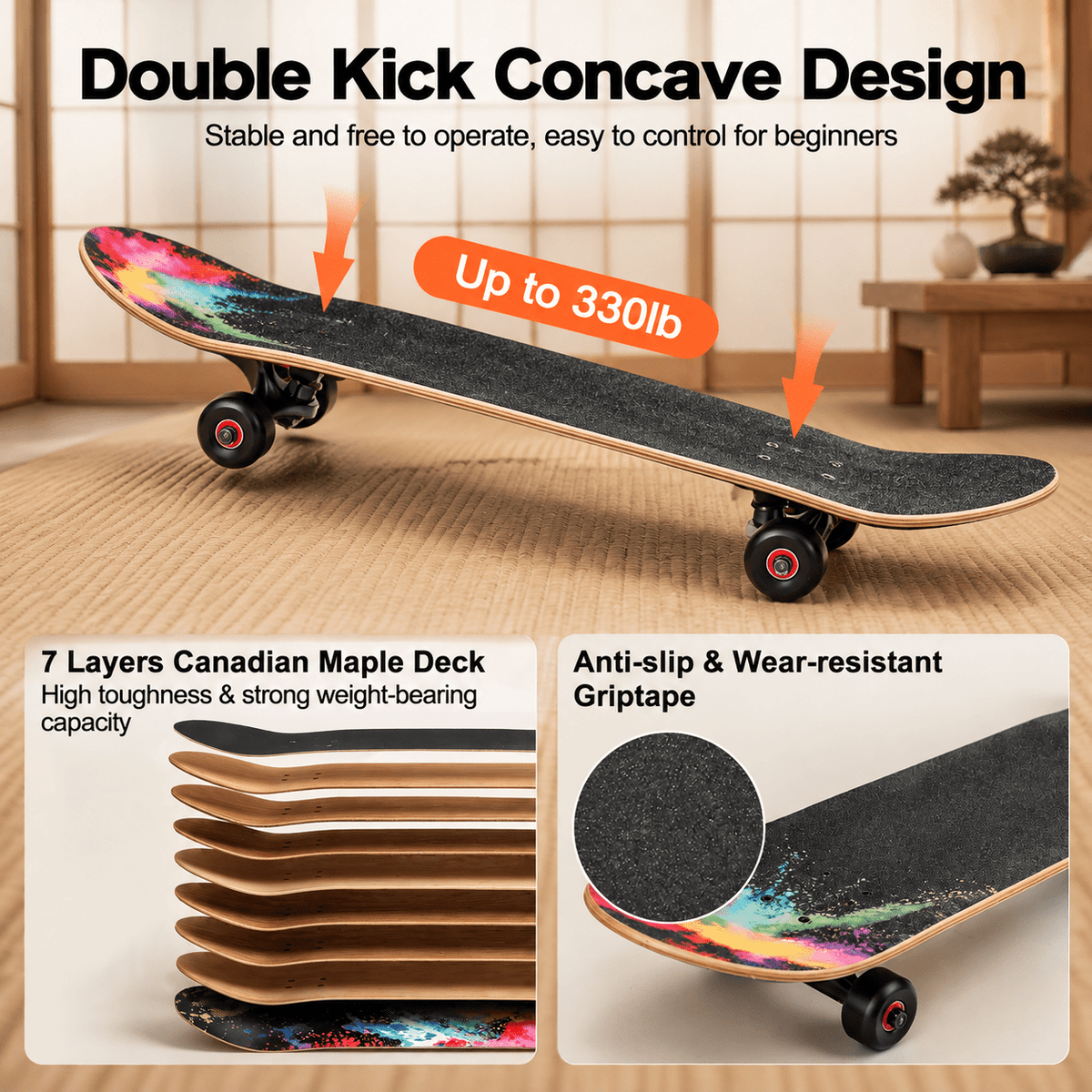 Checkerbot 31"x8" Standard Complete Skateboard with 7 Layer Canadian Maple for Beginners Adults Teens