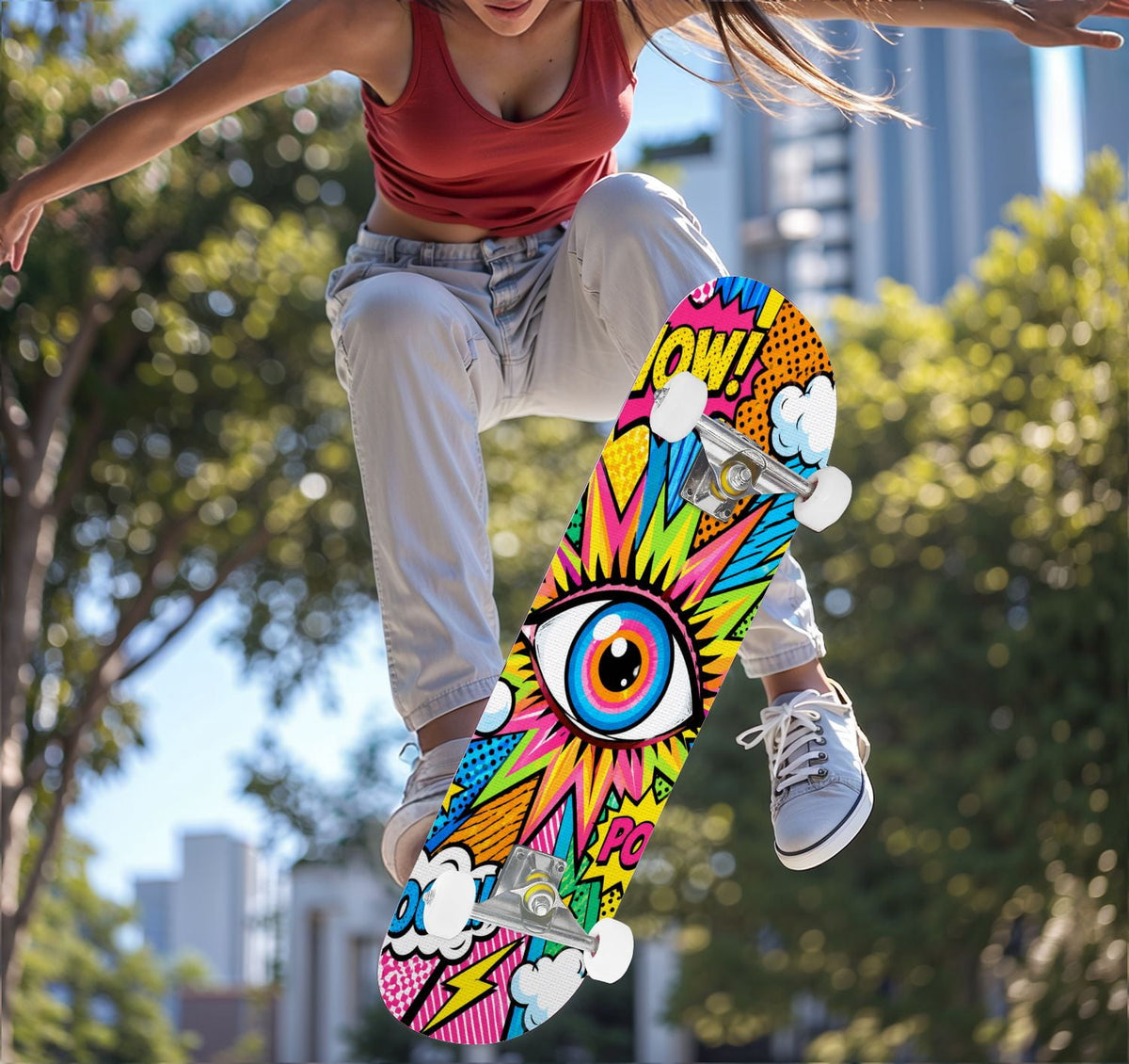 Complete Skateboard Vibrant Comic Eye 31 Inch 7-Ply Maple Skateboard with PU Wheels and Aluminum Trucks, Ready-to-Ride Skateboard for Beginners, Teens and Adults