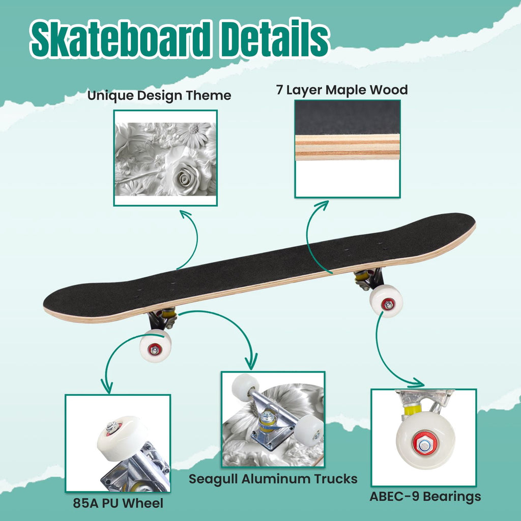 Moss Purple Flowers Rocky Ground 31" x 8" Complete Skateboard, 7-Ply Canadian Maple Double Kick Trick Board for Kids and Beginners Adult Gifts