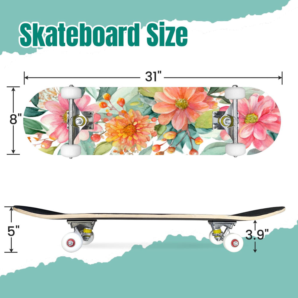 Watercolor Floral Shades Blue Grey Leaves 31" x 8" Complete Skateboard, 7-Ply Canadian Maple Double Kick Trick Board for Kids and Beginners Adult Gifts