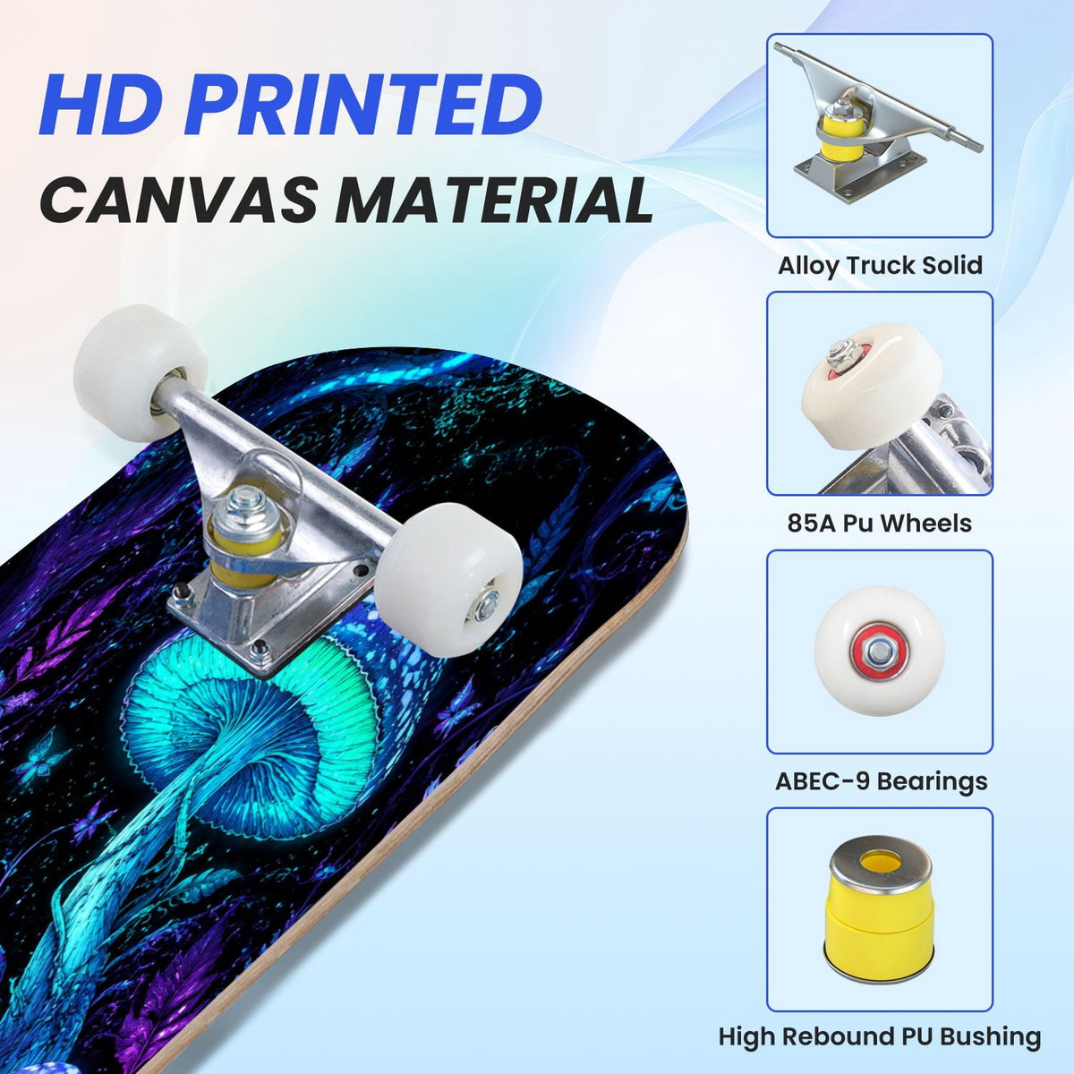 31"x8" Complete Skateboards for Beginners, Glowing Bioluminescent Mushrooms Mystical Forest Double Kick 7 Ply Canadian Maple Deck Skateboard with Wheels, Gifts for Kids Teens