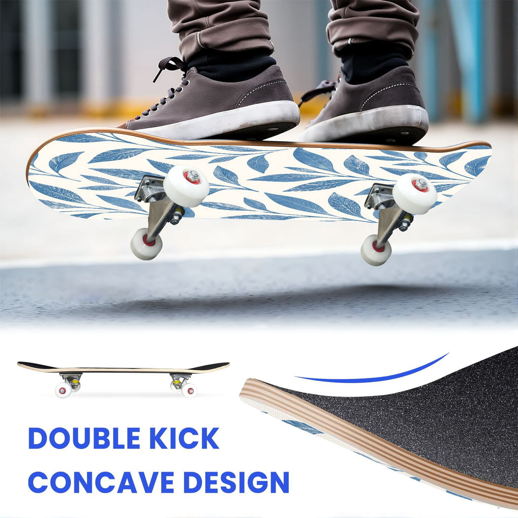 31"x8" Complete Skateboards for Beginners,Blue Botanical Leaf White Double Kick 7 Ply Canadian Maple Deck Skateboard with Wheels, Gifts for Kids Teens
