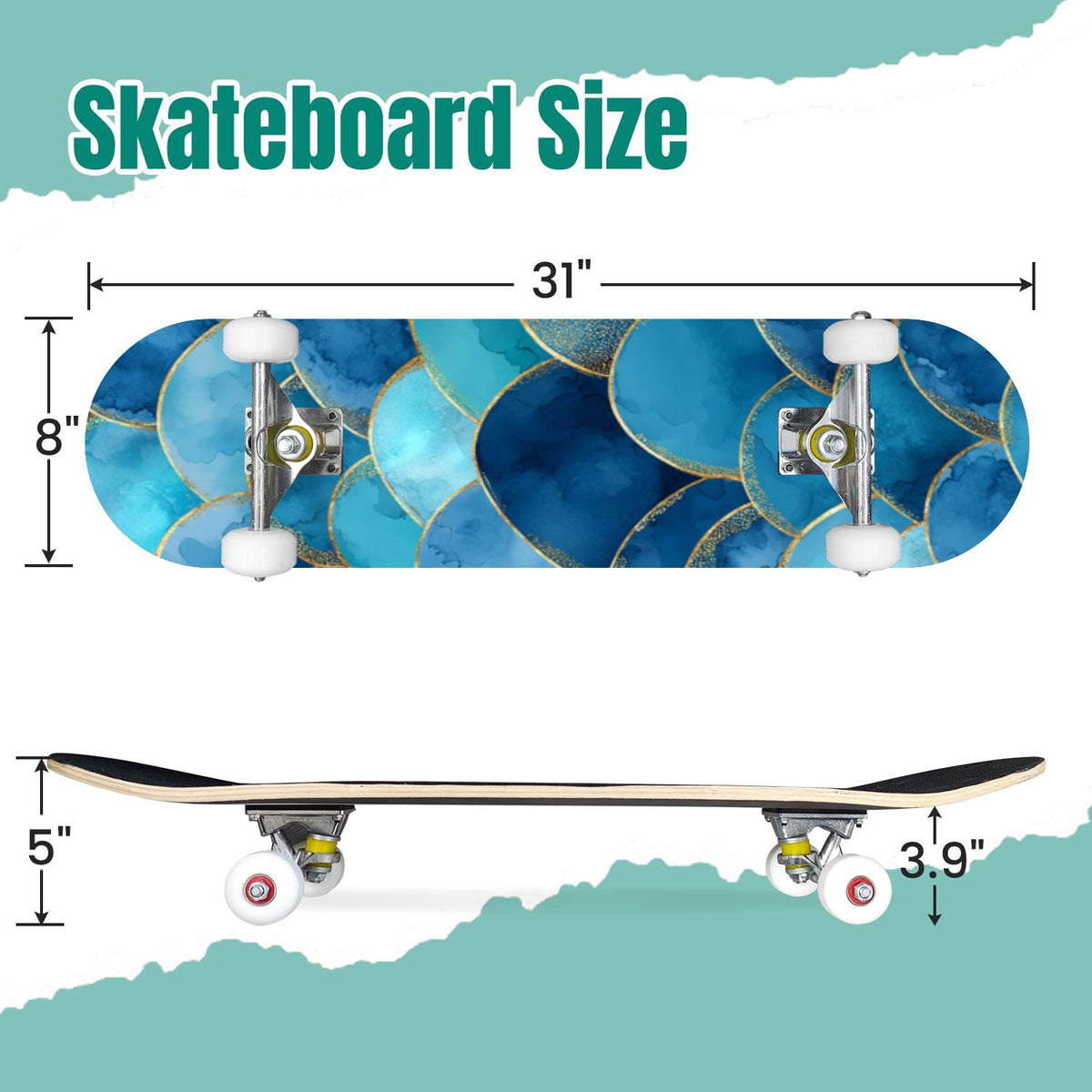 Vibrant Floral Bouquet Pink Roses Bright Colors Teal 31" x 8" Complete Skateboard, 7-Ply Canadian Maple Double Kick Trick Board for Kids and Beginners Adult Gifts