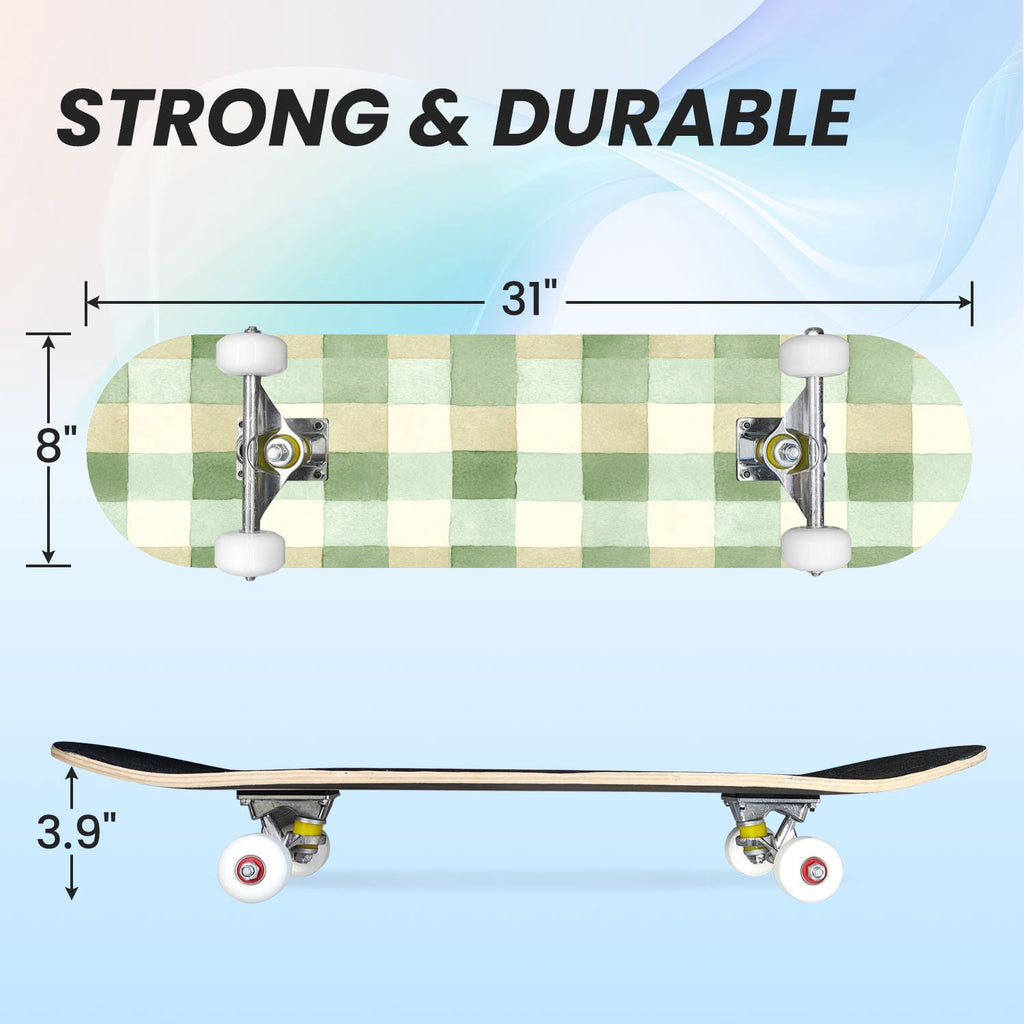 31"x8" Complete Skateboards for Beginners,Mint Green White Plaid Tartan Subtle Double Kick 7 Ply Canadian Maple Deck Skateboard with Wheels, Gifts for Kids Teens