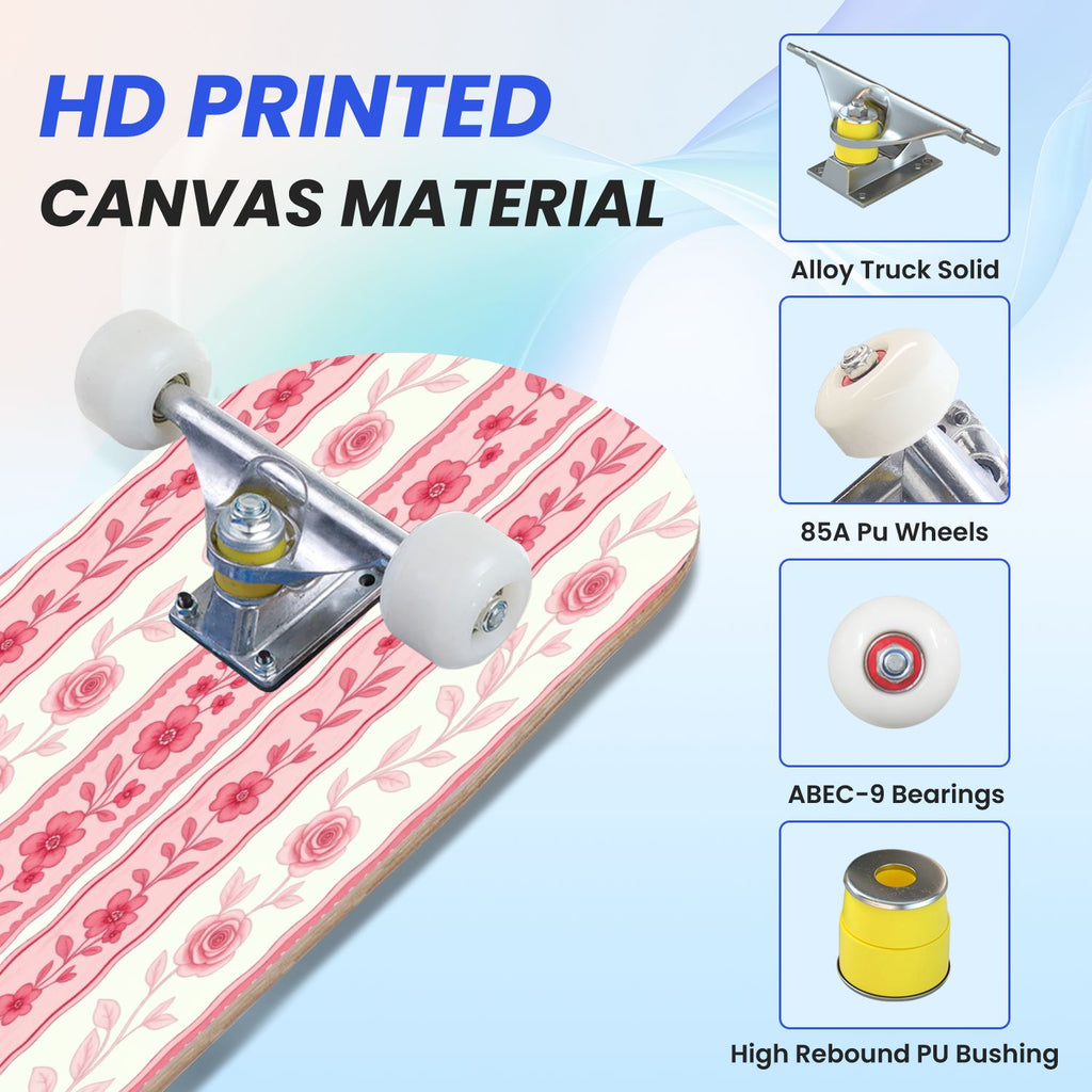 31"x8" Complete Skateboards for Beginners, Pink Floral Striped Delicate Leaves Flowers Botanical Double Kick 7 Ply Canadian Maple Deck Skateboard with Wheels, Gifts for Girls Teens