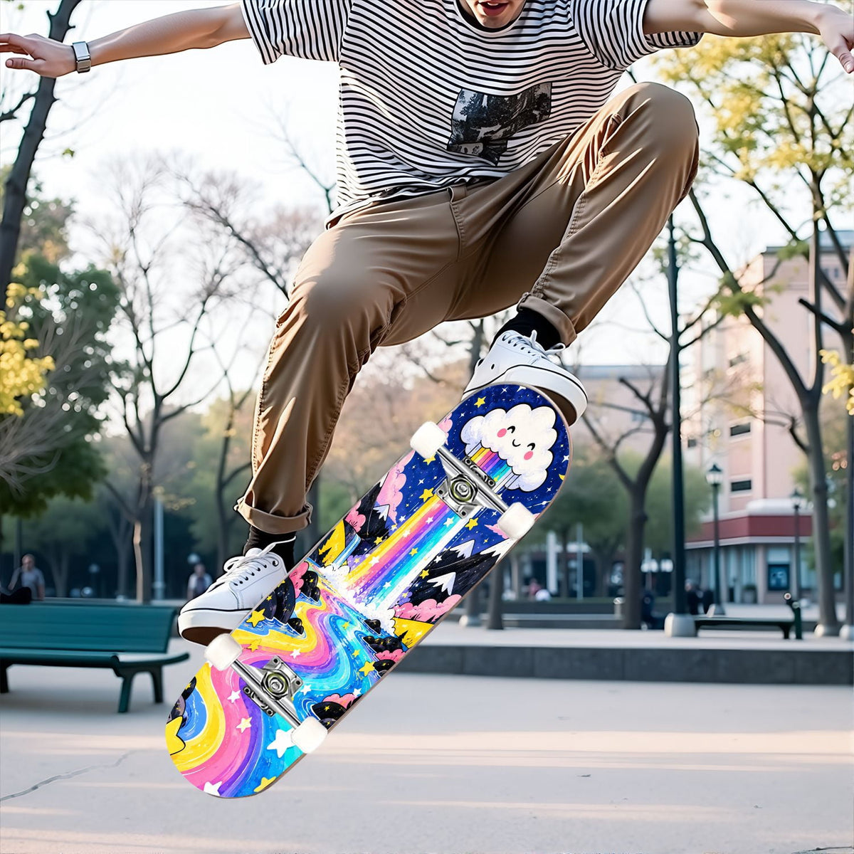Complete Skateboard Colorful Hearts Graffiti 31 Inch 7-Ply Maple Skateboard with PU Wheels and Aluminum Trucks, Ready-to-Ride Skateboard for Beginners, Teens and Adults