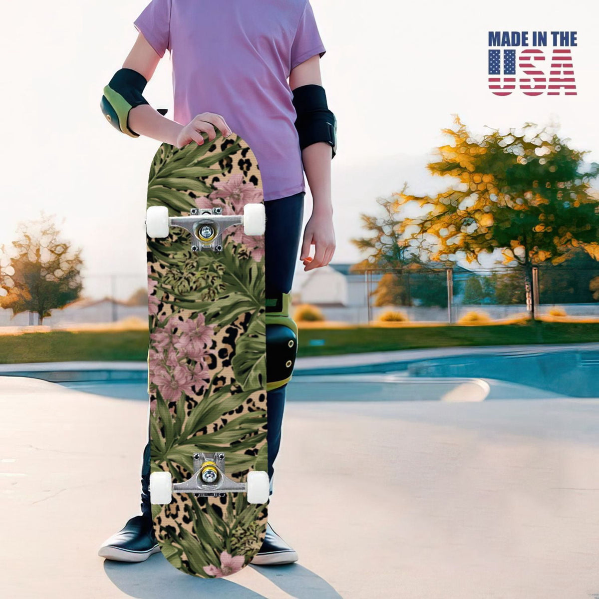 31"x8" Complete Skateboards for Beginners,Black Leopard Print Grey Double Kick 7 Ply Canadian Maple Deck Skateboard with Wheels, Gifts for Kids Teens
