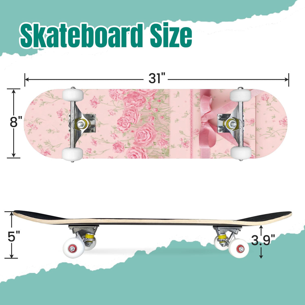 Watercolor Floral Shades Blue Grey Leaves 31" x 8" Complete Skateboard, 7-Ply Canadian Maple Double Kick Trick Board for Kids and Beginners Adult Gifts