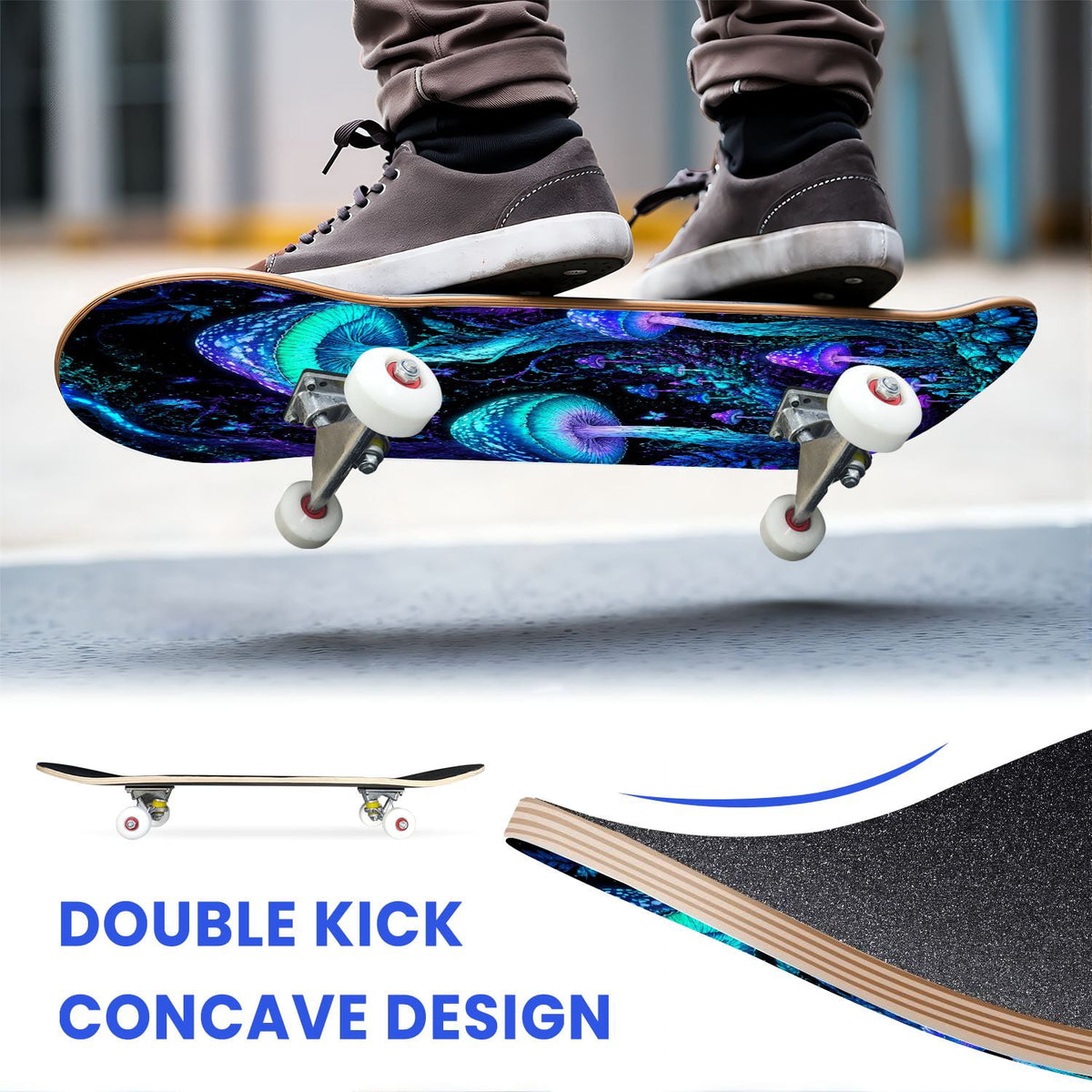 31"x8" Complete Skateboards for Beginners, Glowing Bioluminescent Mushrooms Mystical Forest Double Kick 7 Ply Canadian Maple Deck Skateboard with Wheels, Gifts for Kids Teens